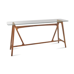 Aparador de madeira Masotti com base orgânica e tampo em vidro.