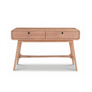 Aparador com gavetas, bordas arredondadas e base inclinada em madeira e MDF de alta densidade.